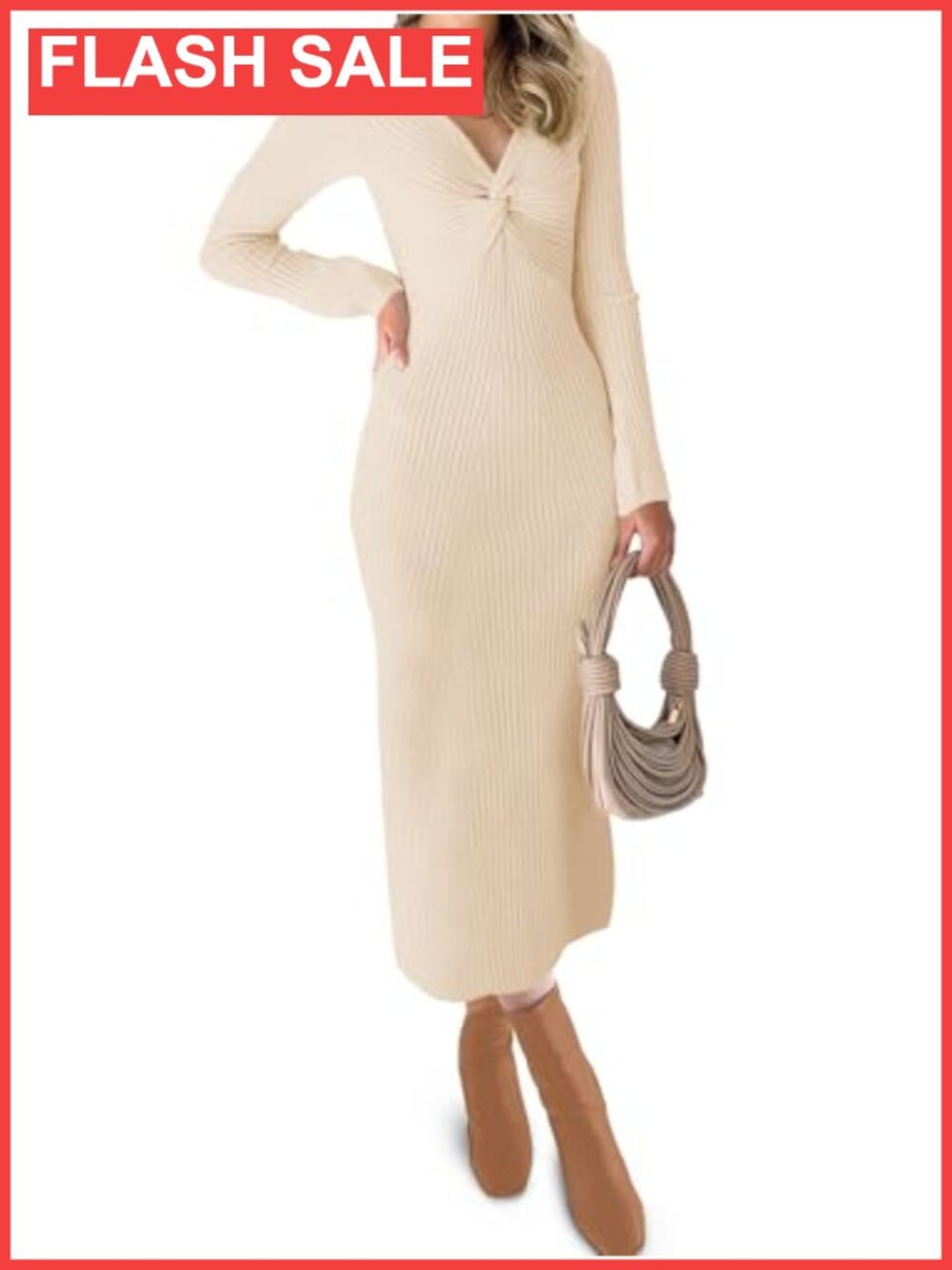 Women Sweater Dress Long Sleeve V Neck Knit Bodycon Midi Dress